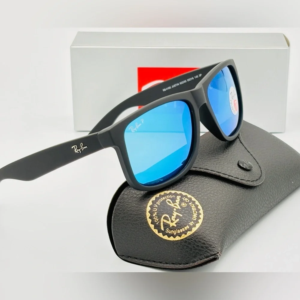 Ray-Ban Polarized Sunglasses Blue Mirror Wayfarer RB4165 Black Rubber Soft 202 - Picture 6 of 15